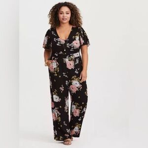 Torrid Floral Wide Leg Challis Jumpsuit Romper Women's Plus Black 0X